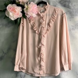 COACH 100% silk pink long sleeve ruffle front button down!  EUC womems 14